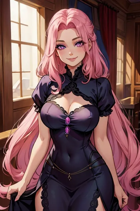 Perfect face. Perfect hands. A pink haired woman with violet eyes and and hourglass figure in a saloon girls dress is smiling in the saloon