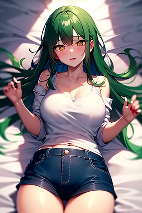 top quality,Perfect Face, long dark green hair, yellow eyes, collarbone，thigh，sexy body，Messy clothes，Lying in bed