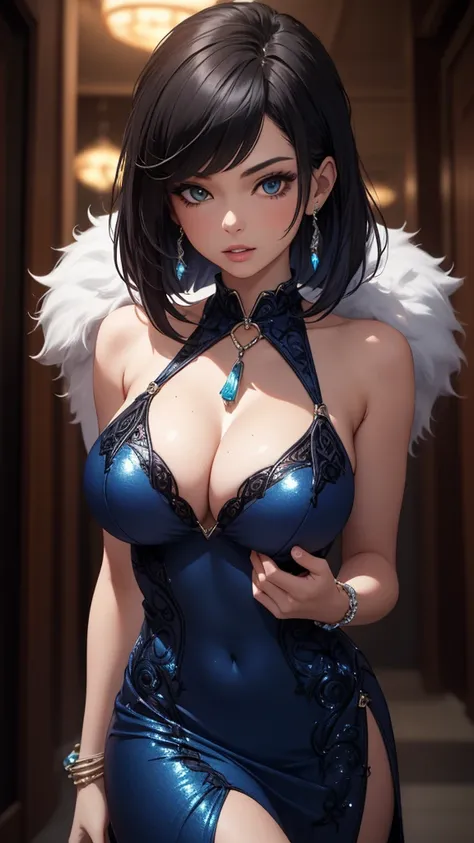 Best quality, masterpiece, realistic, Beautiful sexy cool tall, slim, fit woman, wearing sexy short fancy silver-blue sequin  dress, intricate and highly detailed, big breasts, deep cleavage, bob black hair, body chain, jewelry.