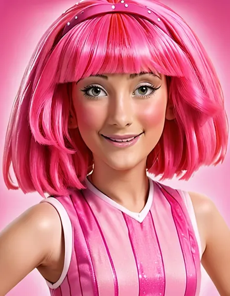 stephanie, lazy town, with pink hair and a pink wig, stripped dress, realistic