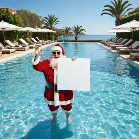 Captures an image from different angles of a swimming pool in which there are white rectangular signs in the water without any text, all posters are the same, In the center of the pool, a fat, smiling Santa Claus bathing in sunglasses floats in the water.,...