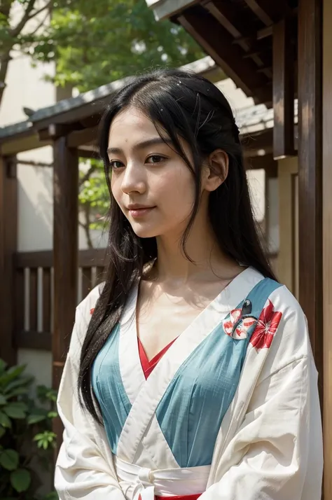 A beautiful shrine maiden stands gracefully in an elegant kimono, The colors are a perfect combination of red and white, which are symbols of purity.. Her jet black hair flowed long, well maintained、Shining in the sunlight. His deep, His bright dark eyes r...