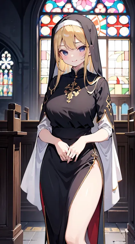 nun，nun服，黑白nun服，Colored hair，nun头巾，Big breasts，Full of figure，Close-up above the waist，Upper body close-up，Church Background，Stained window glass，Mosaic art background，nun，高开叉nun长袍，Robe hem，The front of the robe，The front of the robe hangs down，Knee socks，...