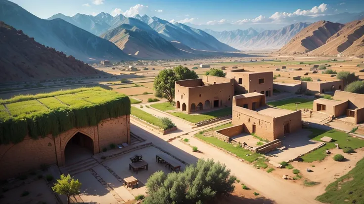 Beautiful scenery of ancient Iranian village, Aerial view, Photorealistic photos, High definition. 