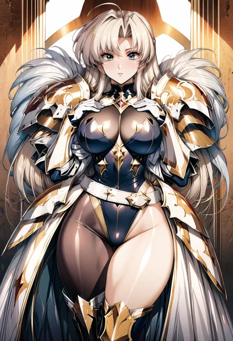 ((highest quality)), ((masterpiece)), ((hyperrealistic)), (detailed background), 1girl, ((curvy: 1.2)), perfect face, Langrisser, ((lamé plunge leotard: 1.5)), ((catsuit)), ((black paladin armor: 1.3)), ((long skirt)), ((victorian ball gown)), (cloak de co...