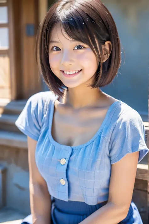 8k,masterpiece,Japanese,11-year-old girl,from the front,smile,cute,Innocent face,Innocent,Kind eyes,Childish,Plain T-shirt,Short sleeve,Blue checked short skirt,Bob,Hair blowing in the wind,Black Hair,Somewhat strong wind,noon,bright,Sitting、M-shaped feet,...