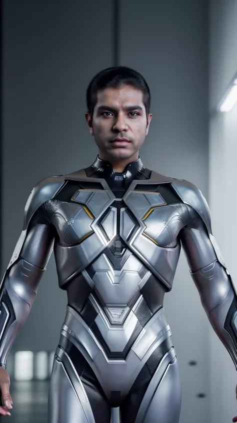 portrait hyper realistic  ,Design an AI superhero from brazil, a man wearing a modern costume inspired by local traditions and futuristic elements."Uhd