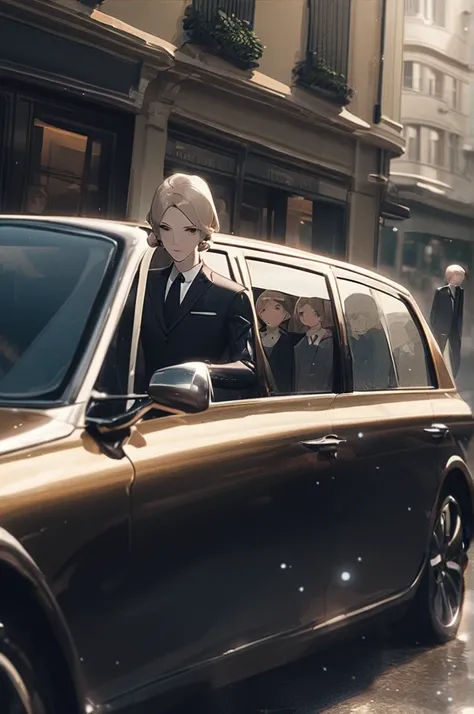 ((Лучшее качество)), ((шедевр)), (подробный), a guy in a stylish suit gets into a car, and there are a lot of girls in the background