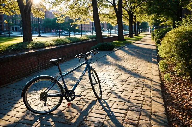 a bicycle parked on a brick path next to a body of water, pexels contest winner, nice spring afternoon lighting, boston massachusetts, morning sun, student