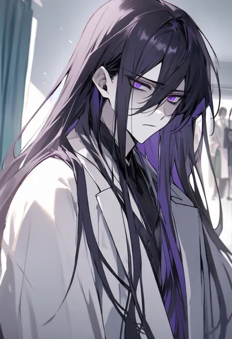 male。wearing a white coat。黒髪long。long hair。long。black inner。look sick。purple eyes。　expressionless。cool impression。doctor。pale sk...