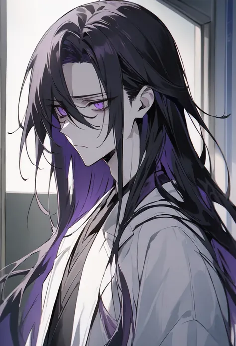 male。wearing a white coat。黒髪long。long hair。long。black inner。look sick。purple eyes。　expressionless。cool impression。doctor。pale sk...