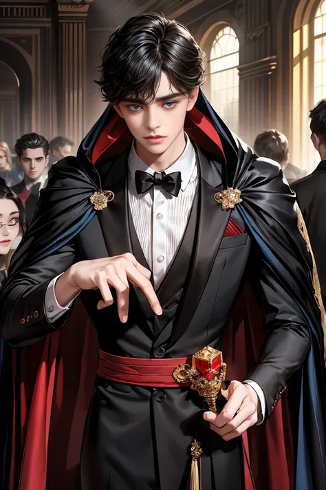 
masterpiece, 最high quality, high quality, 1 boy, alone, Male focus, Watching the audience,  Messy black hair, Adorable big blue eyes, White people, Noble, Noble,Sexy voluminous black and red cape、Tuxedo、A very voluminous, large, very large, very large, lo...