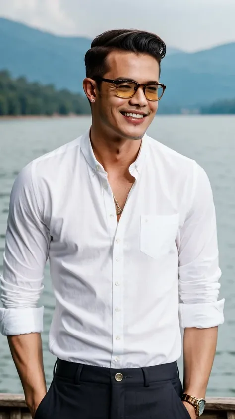 ((best quality)), ((masterpiece)), (detailed), 1man /malaysia. skinny. wear rayban glasses. presley hairstyle. retro style. at lake. big teeth. wear shirt.
