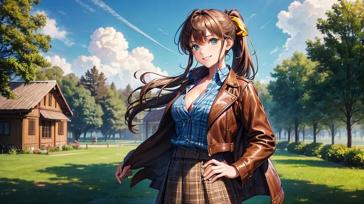 girl, solo, village, trees, sun, clouds, ((brown hair)), ponytail, large breasts, ((brown leather jacket)), button down shirt, ((blue checked shirt)), ((unbuttoned shirt)), unbuttoning buttons, cleavage 1:3, green eyes, long skirt, brown boots, smile, happ...