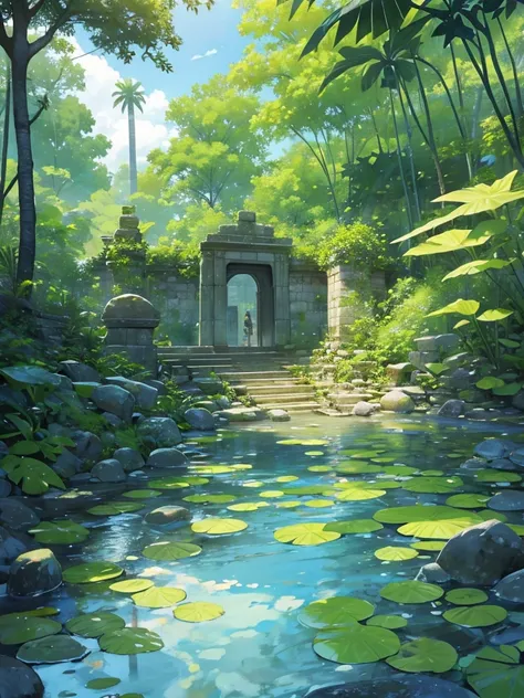 Stone ruins, Tropical plants, Clear puddles, Iwashimizu、Dense