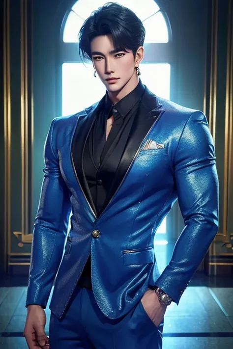 (masterpiece, best quality,girl, intricate details, chromatic aberration), (realistic),(skin), ((breath)),(,blunt bangs),detailed hair,blue highlights, ambere eyes, earrings, sharp eyes,((symmetry eyes)),((perfect symmetrical body))handsome males,muscle,((...