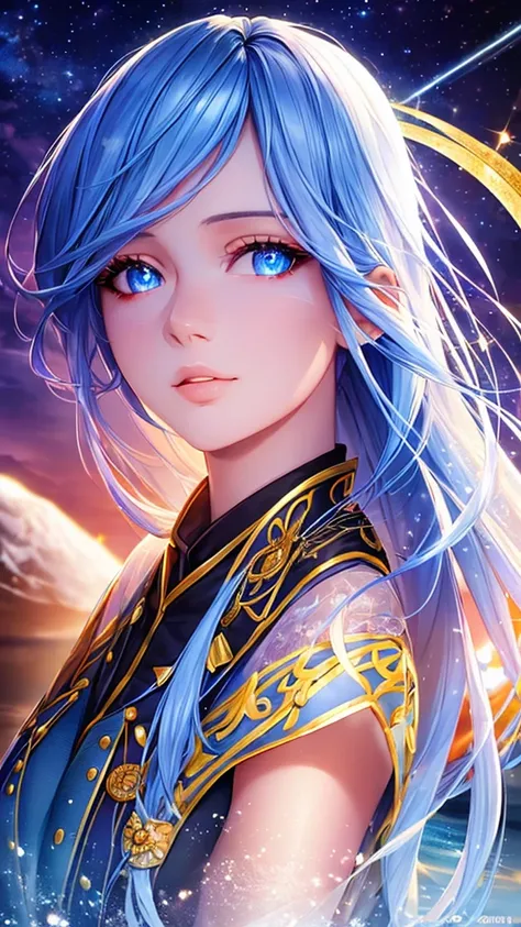 A young woman with sky blue hair and red eyes playing a violin on the water, surrounded by a fantasy night sky with colorful stars and a comet, wearing a black military uniform and closing one eye, (best quality,8k,highres,masterpiece:1.2),ultra-detailed,(...