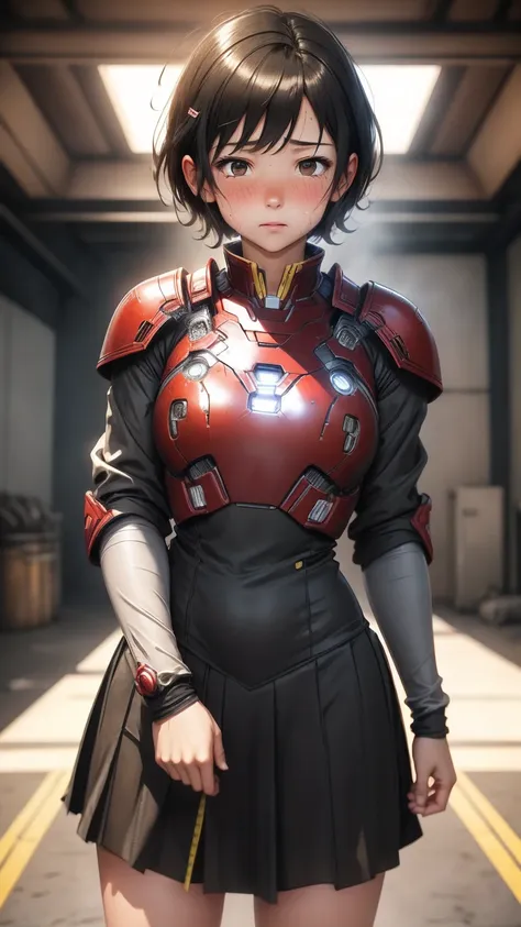 highest quality　8k iron man suit girl　elementary school girl　sweaty face　cute　short hair　boyish　steam coming from the head　my ha...