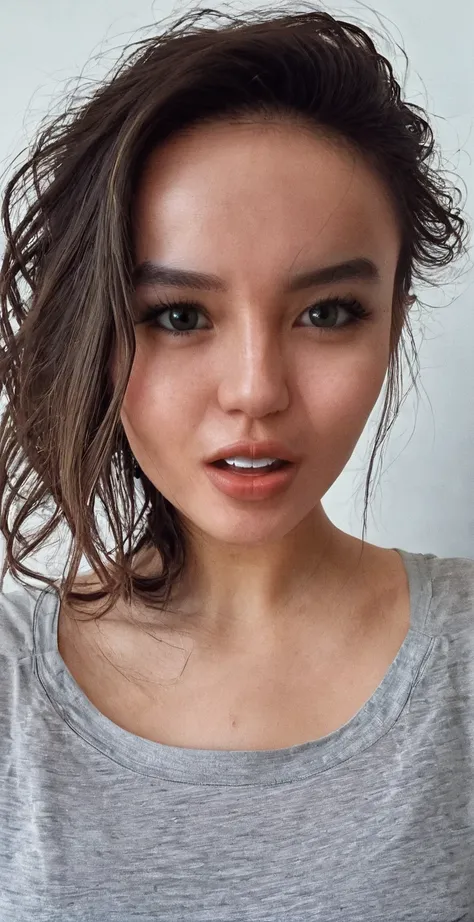 a girl take a selfie with a thin shirt , HIGHRES, clean face, with accurate face, solo, upper body, potrait, close up potrait, portait photo profile picture, REALISTIC , PHOTOREAL, messy hair, open mouth, perfect face, best image, HIGH RESOLUTION