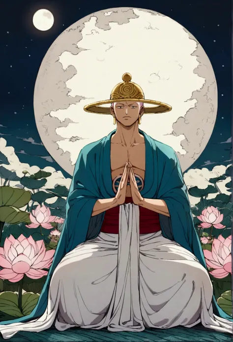 God enel from one piece, is meditating, Cherry blossom garden at night, Full moon and lotus、The Buddha is watching