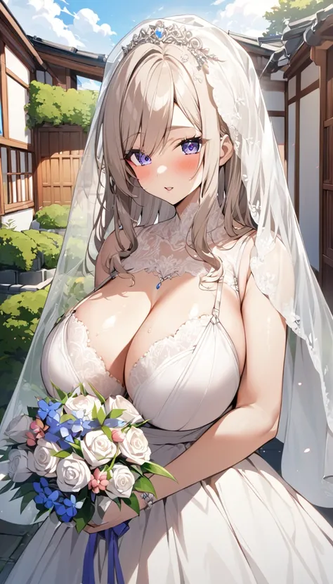 Girl with huge breasts wearing a bra and a wedding dress with a lace neckline with a veil and a bouquet in a Japanese courtyard