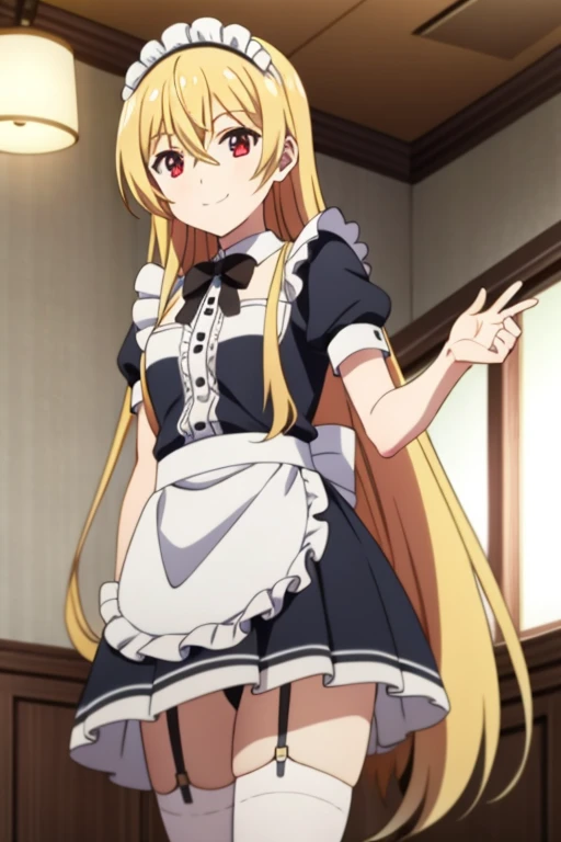  Arifureta_Yue, One Girl, Long Hair, alone, blonde, Red eyes, View your audience, hair bow, bow, black bow, hair band,  Hair between the eyes, Anime Coloring, bangs,  very Long Hair,  indoor,Coffee shop,smile,(Mini skirt maid outfit:1.1),Small breasts,Clos...