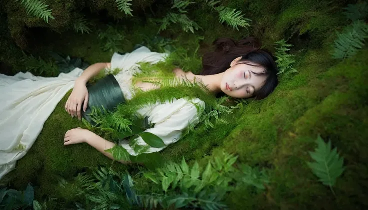 sleeping in a forest of lush grass and leaves,angelic japanese woman, realistic photos, professional photos, ((overlooking,a haz...