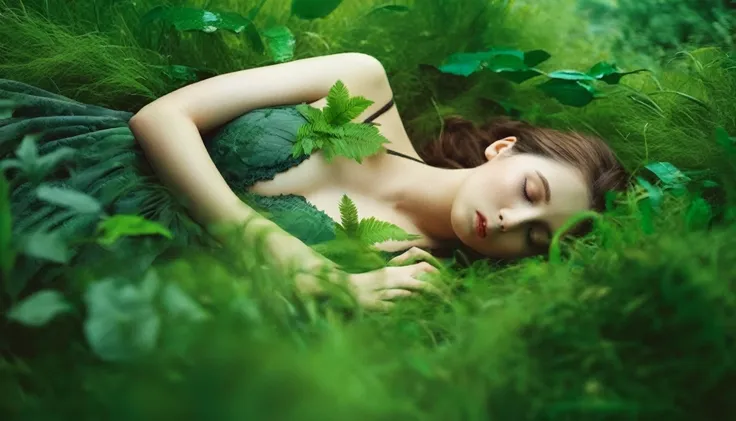 (masterpiece), highest quality, one girl, (sleeping in a forest of lush grass and leaves),realistic photos, professional photos,...