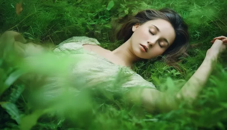 (masterpiece), highest quality, one girl, (sleeping in a forest of lush grass and leaves),realistic photos, professional photos,...