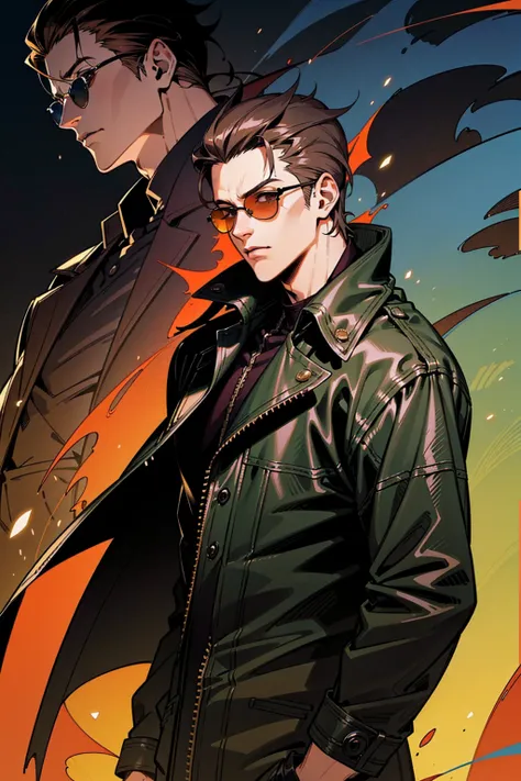 ((illustration)), (best quality)), ((masterpiece)), (detailed), ((front view)) anime, adult, male, dark hair, albertwesker, jacket, black gloves, coat, sunglasses, leather, upper body, shadowarmy