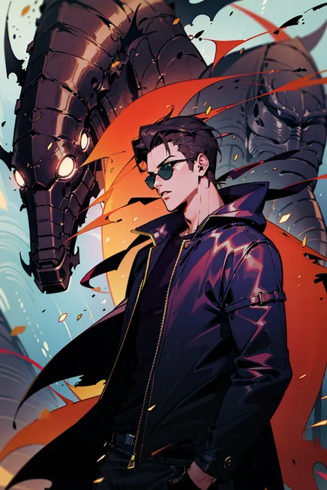 ((illustration)), (best quality)), ((masterpiece)), (detailed), ((front view)) anime, adult, male, dark hair, albertwesker, jacket, black gloves, coat, sunglasses, leather, upper body, shadowarmy