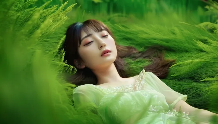 (masterpiece,japanese), highest quality, one girl, (sleeping in a forest of lush grass and leaves),realistic photos, professiona...