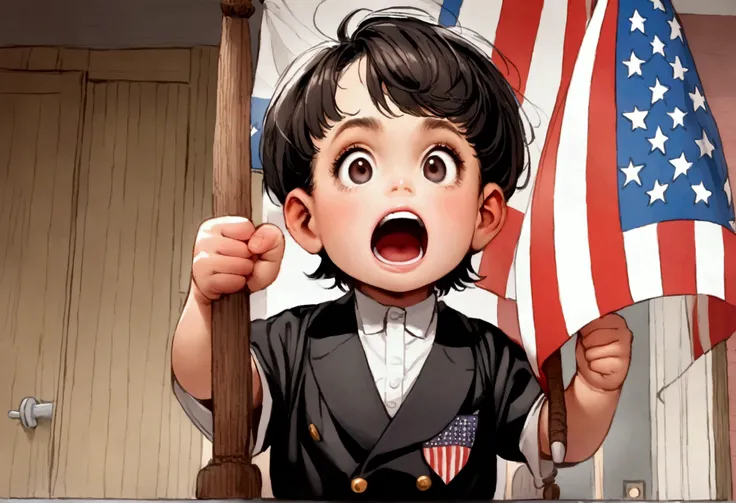 Classic TV, the little rascals, playfully hold up a MAGA banner, An american flag in the background
