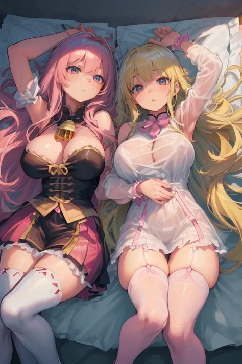 ((Mastepiece)), ((Best Quality)), (Very detailed), ((cute)), ((Very detailedな顔)), 4K, (8k), Highest quality, (beautiful), ((Huge breasts)), ((Big Breasts)), ((Blonde Long Hair)), ((Pink Long Hair))，(((raceのランジェリー，See-through))), ((stockings))，(((Lying in b...