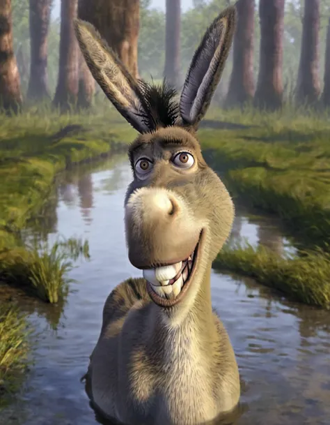 donkey, masterpiece, hi res, wet, swimming in a swamp, head poking out of the water, headshot