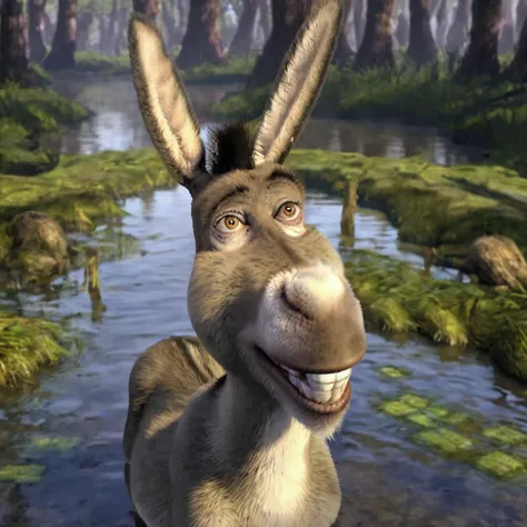 donkey, masterpiece, hi res, wet, swimming in a swamp, head poking out of the water, headshot