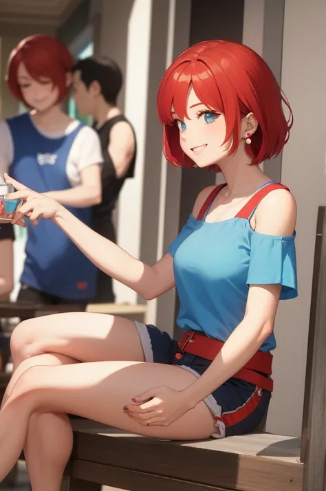 red hair girl, light blue sleeveless t-shirt, shorts cafés, short shoulder length hair, pearl earrings, smile