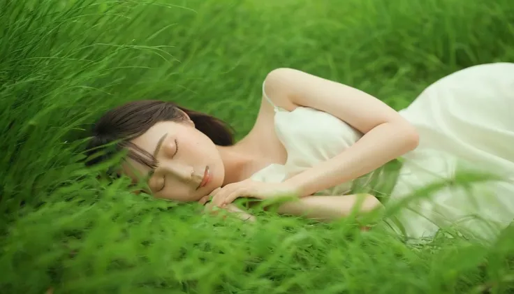 (masterpiece,japanese), highest quality, one girl, (sleeping in a forest of lush grass and leaves,happy sleeping face),realistic...