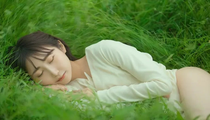 (masterpiece,japanese), highest quality, one girl, (sleeping in a forest of lush grass and leaves,happy sleeping face),realistic...