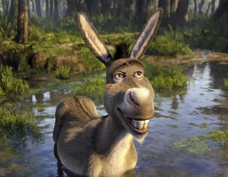 donkey, masterpiece, hi res, wet, swimming in a swamp, head poking out of the water, headshot