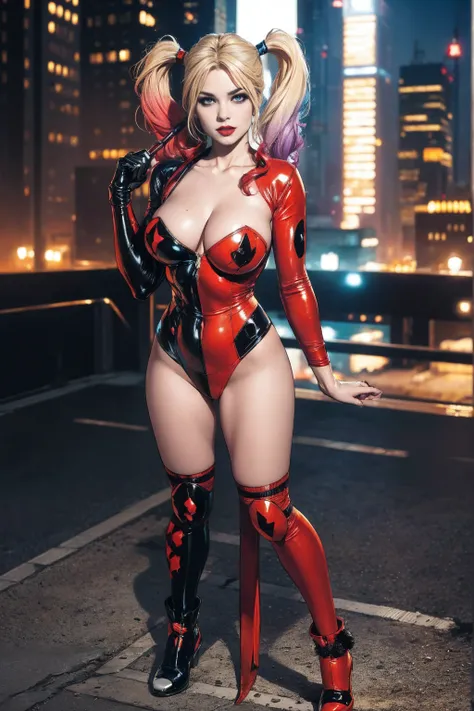 ((Full body photo, standing, feet on the floor)) straight, looking at a viewer, BREAK, cartoon_Harley Quinn, lipstick, original outfit, blue eyes, makeup, lips, big breasts, red lips, Bodysuit, cleavage, shiny , centered art, BREAK, official arts, extremel...