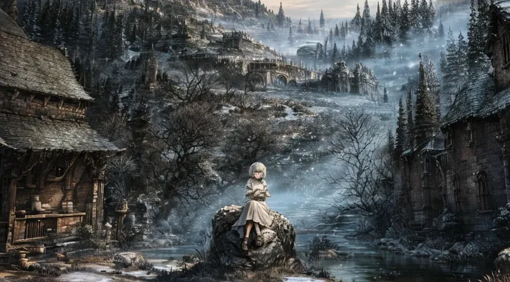 1girl, sitting on stone, white short hair, forest, river on background, spring, white cloth, Bloodborne.8k