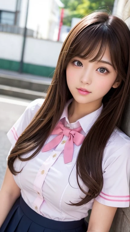 Big Breasts,high school girl,uniform,Light clothing,Big eyes,Pink Lips，sexy,Brown Hair,Sensual,Japanese