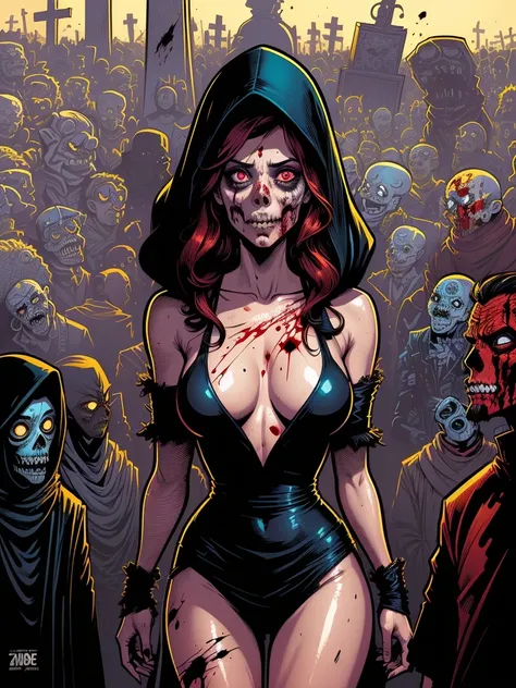 (((comic style, cartoon artwork))).  A hot gothic necromancer girl in the cemetery, woman in medieval black dress, hot body, sensuous. ((in the cemetery)) under the moonlight. ((( body covered in blood))). Total growth in the frame. highy detailed. ((Zombi...