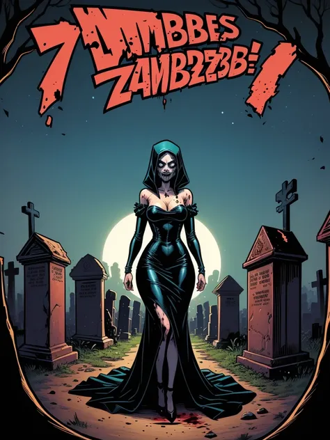 (((comic style, cartoon artwork))).  A hot gothic necromancer girl in the cemetery, woman in medieval black dress, hot body, sensuous. ((in the cemetery)) under the moonlight. ((( body covered in blood))). Total growth in the frame. highy detailed. ((Zombi...