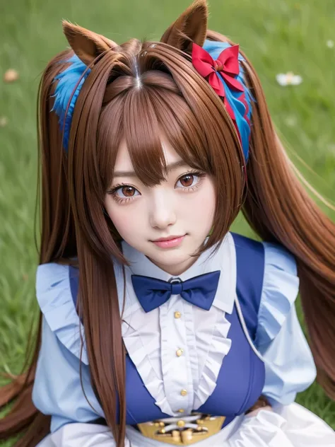 daiwa scarlet, brown hair, hair intake, (red eyes:1.3), long hair, twintails, animal ears, horse girl,
BREAK (Highest quality, 16K, masterpiece:1.55), Ultra detailed face, Detailed lips, Detailed eyes, double eyelid, 
BREAK (Happy smile:1.2), (close up:1.3...