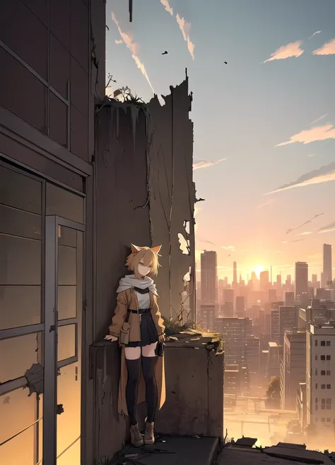 1girl, An anime-style character, female, standing on a ledge overlooking a city in a state of disrepair. The character has cat ears and is dressed in a , featuring a brown jacket and a pleated skirt. She carries a satchel over her shoulder.

The city below...