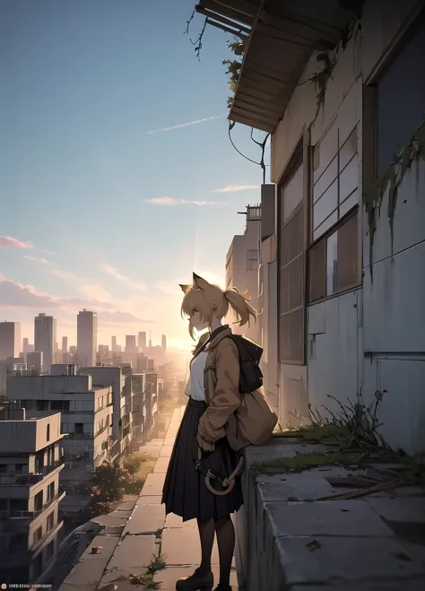 1girl, An anime-style character, female, standing on a ledge overlooking a city in a state of disrepair. The character has cat ears and is dressed in a , featuring a brown jacket and a pleated skirt. She carries a satchel over her shoulder.

The city below...