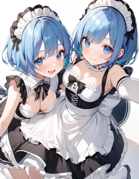 Beautiful girl in maid、(Top quality illustrations:1.2), (pretty girl:1.1), (1 girl、17 years old、Top quality illustrations:1.2), (1 girl、smile、Medium chest、Beautiful breasts、Highly detailed eyes:1.2)、Bright blue hair、Short Bob Hair、(Black and white maid cos...