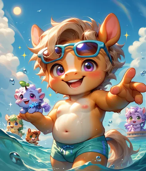 (cute, chubby, anthro, horse cub), chibi, nude, lilac eyes, (((lilac swim briefs))), blush, smile, open mouth, male focus, day, cloud, water, wet, sparkle, sunglasses, partially submerged, sun, detailxl